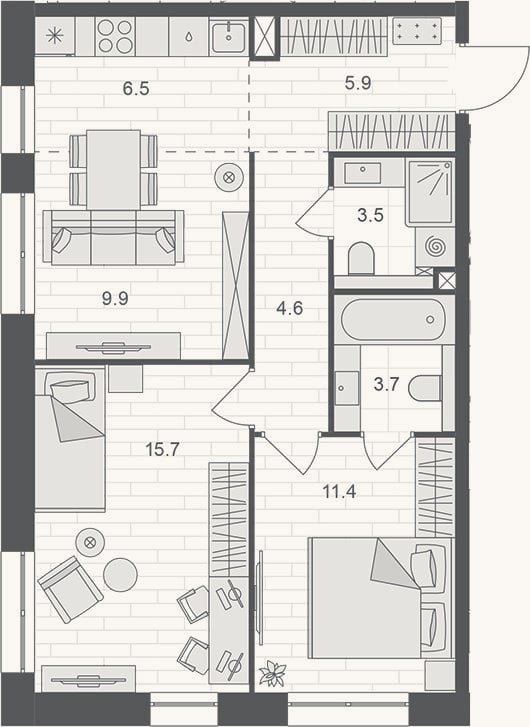 Планировка: 3-к, 61,2 м²