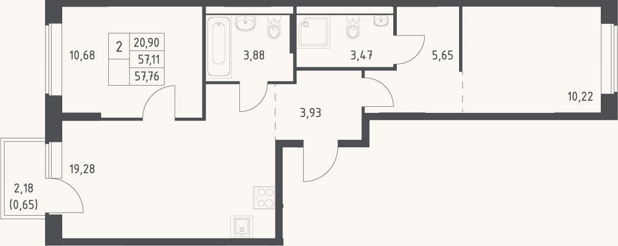 Планировка: 3-к, 57,1 м²