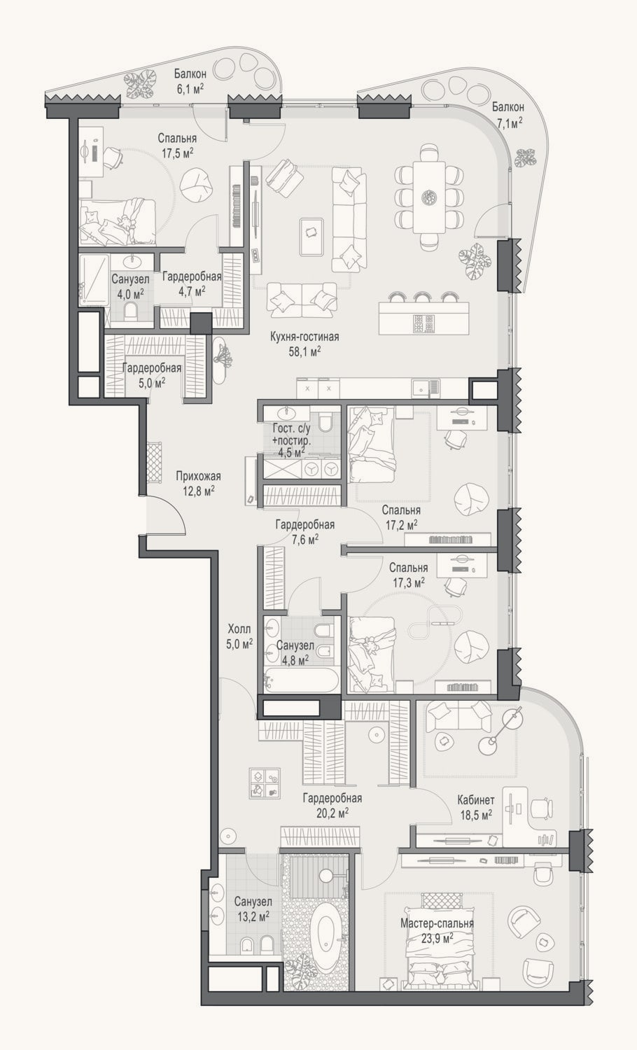 Планировка: 4+ к, 232 м²