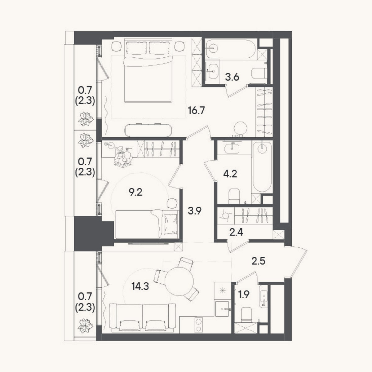 Планировка: 2-к, 58,7 м²