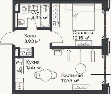Планировка: 2-к, 39,6 м²
