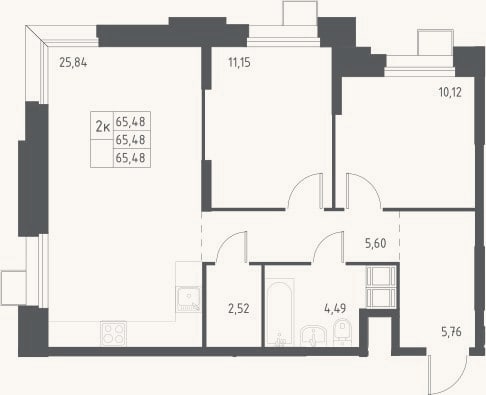 Планировка: 3-к, 65,5 м²