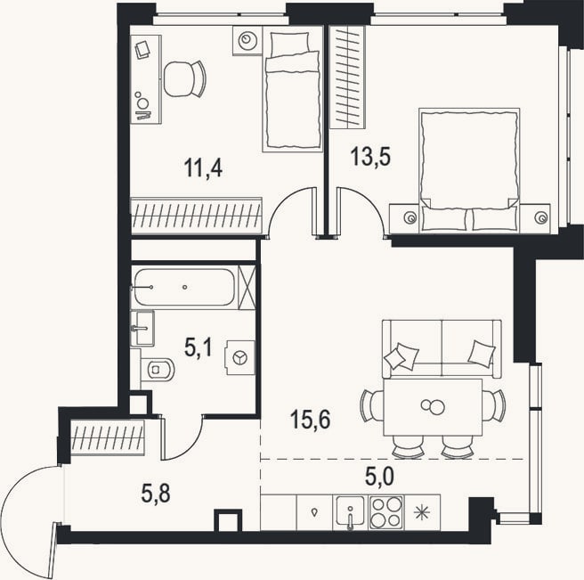 Планировка: 3-к, 56,4 м²