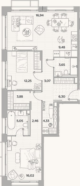 Планировка: 3-к, 83,4 м²