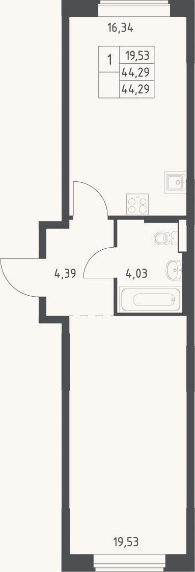 Планировка: 2-к, 44,3 м²