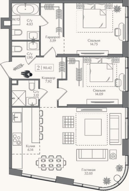 Планировка: 3-к, 90,4 м²