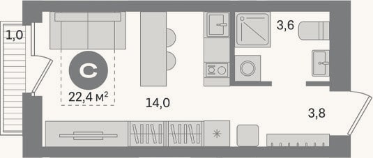 Планировка: Студия, 21,4 м²