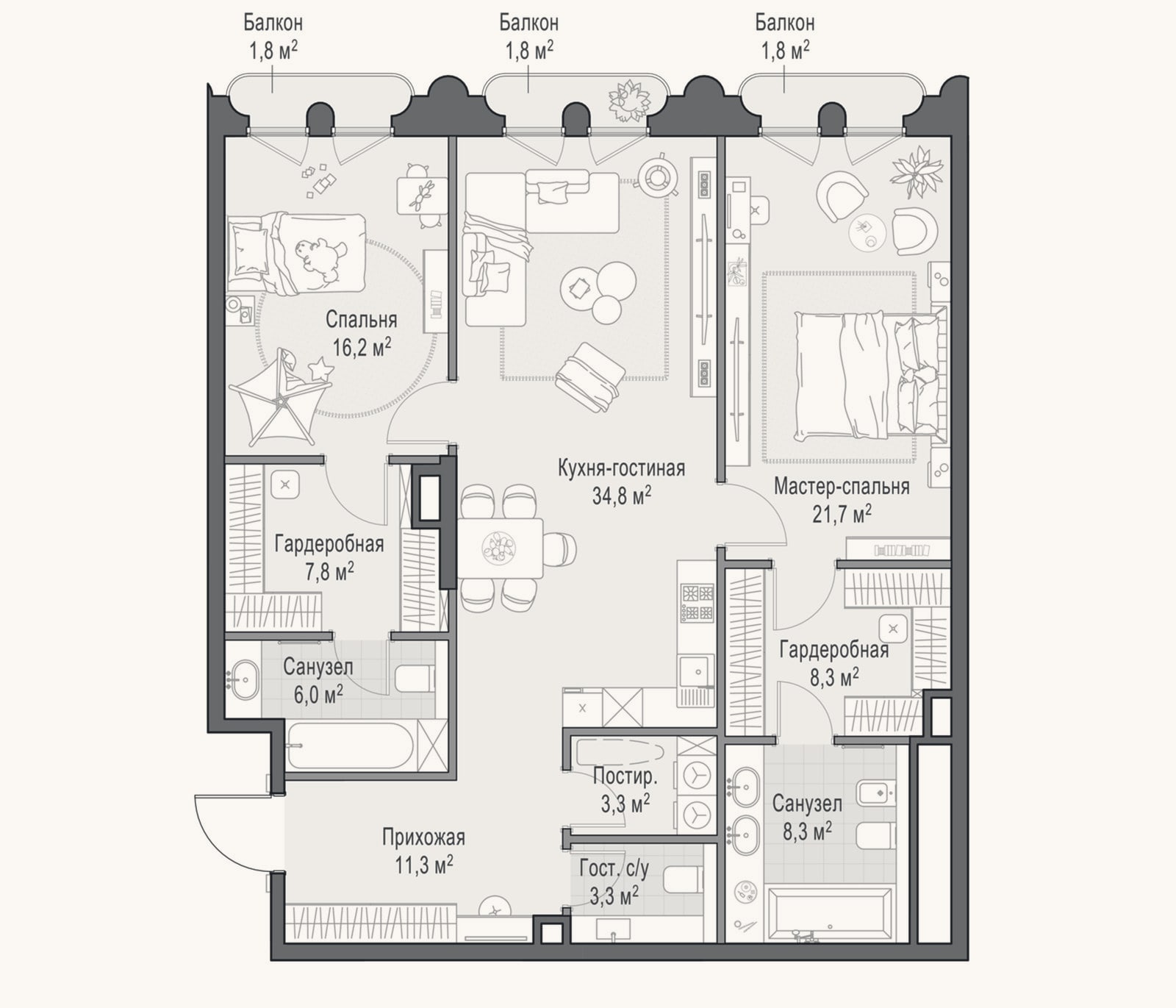 Планировка: 3-к, 123,5 м²