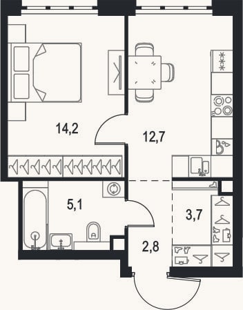 Планировка: 1-к, 38,5 м²