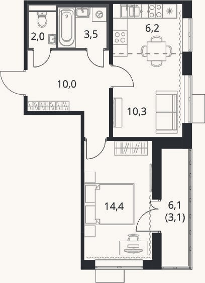 Планировка: 2-к, 46,4 м²