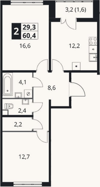 Планировка: 2-к, 58,8 м²