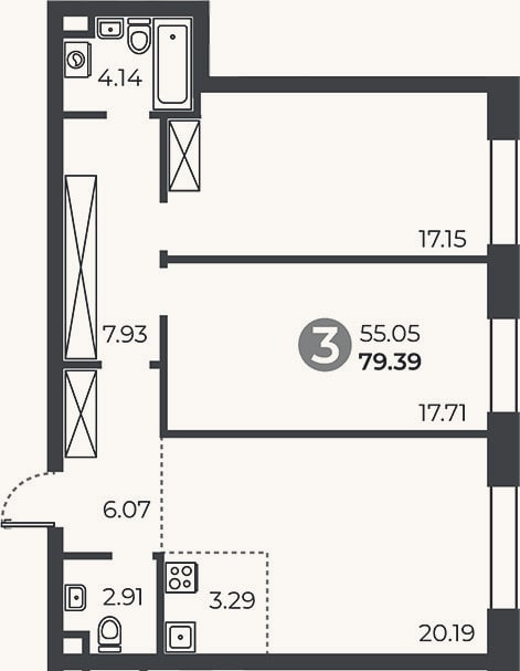 Планировка: 2-к, 79,4 м²