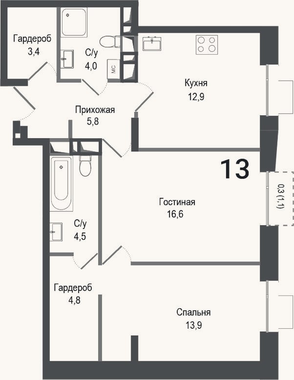 Планировка: 2-к, 65,9 м²