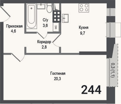 Планировка: 1-к, 41 м²