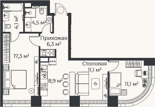Планировка: 3-к, 63,3 м²