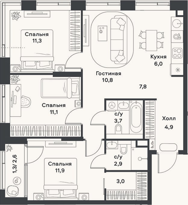 Планировка: 4+ к, 73,4 м²