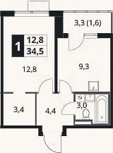 Планировка: 1-к, 32,9 м²