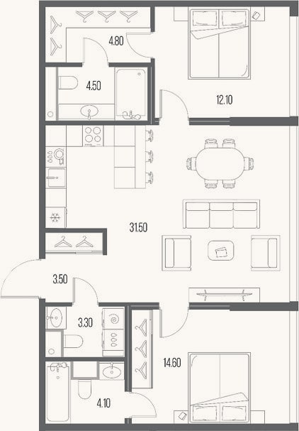 Планировка: 2-к, 78,4 м²