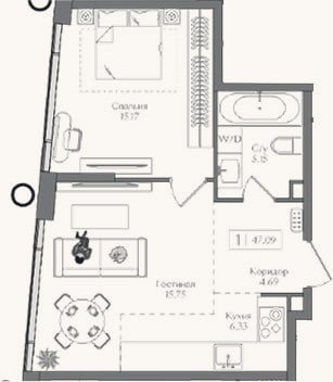 Планировка: 2-к, 47,1 м²