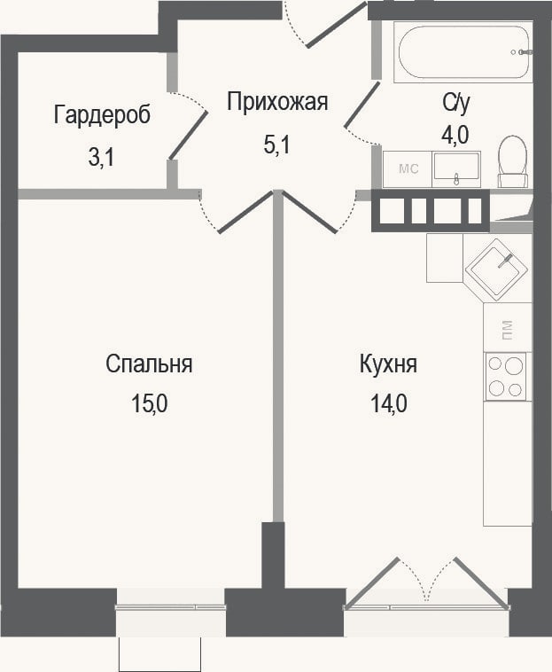 Планировка: 1-к, 41,2 м²