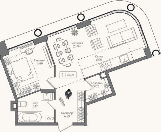 Планировка: 2-к, 54,6 м²