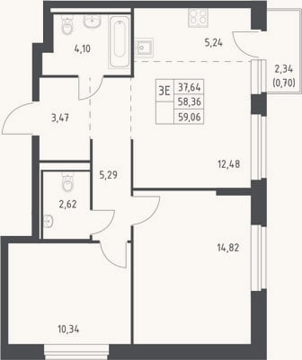 Планировка: 3-к, 58,4 м²