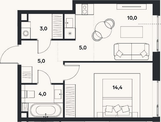 Планировка: 2-к, 41,4 м²