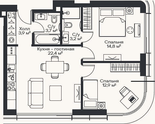Планировка: 3-к, 59,7 м²