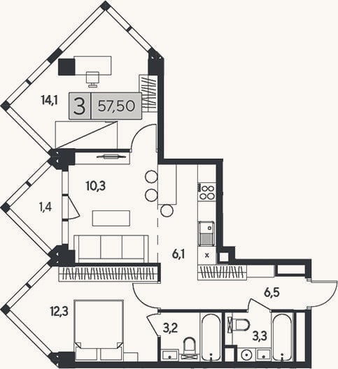 Планировка: 3-к, 56,1 м²
