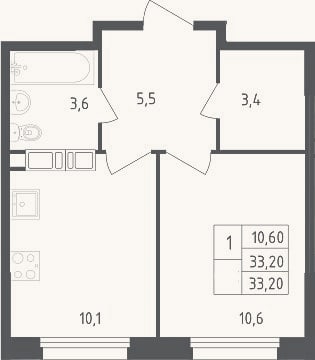 Планировка: 1-к, 33,2 м²