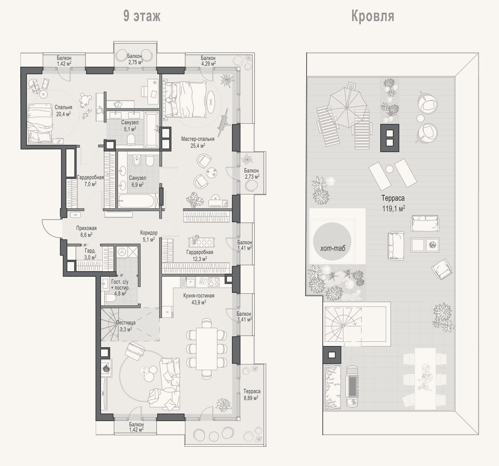 Планировка: 3-к, 139,9 м²