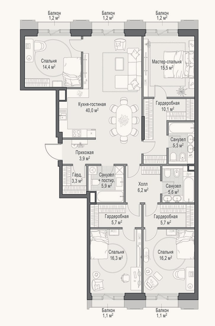 Планировка: 4+ к, 154,3 м²