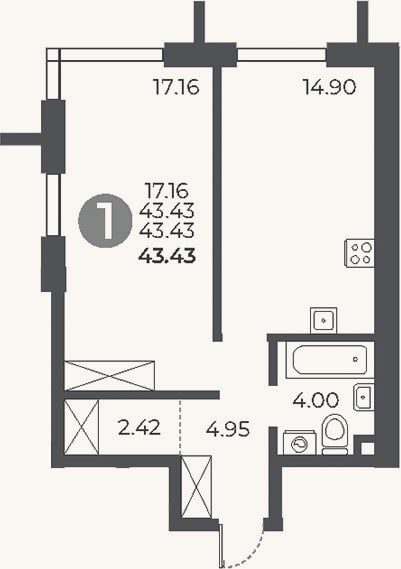Планировка: 1-к, 43,4 м²