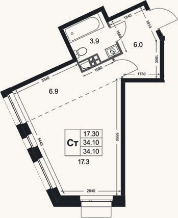 Планировка: Студия, 34,1 м²