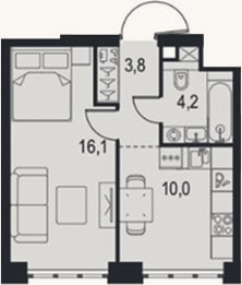Планировка: 1-к, 34,1 м²