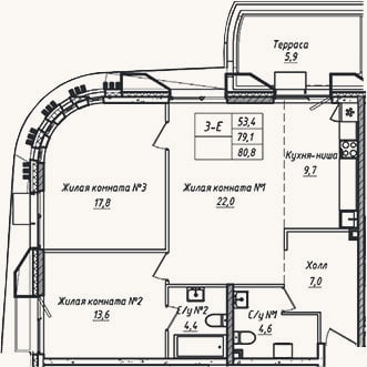 Планировка: 3-к, 79 м²