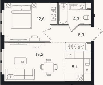 Планировка: 2-к, 42,5 м²