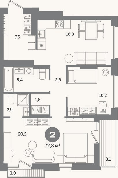 Планировка: 2-к, 68,2 м²