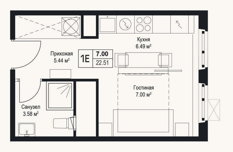 Планировка: Студия, 22,5 м²