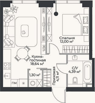 Планировка: 2-к, 40,4 м²