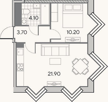 Планировка: 2-к, 39,9 м²