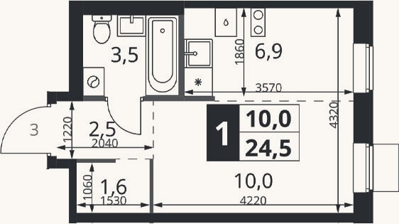 Планировка: Студия, 24,5 м²