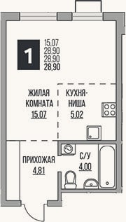 Планировка: Студия, 28,9 м²