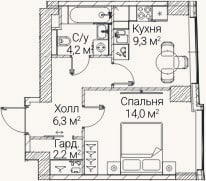 Планировка: 1-к, 36 м²