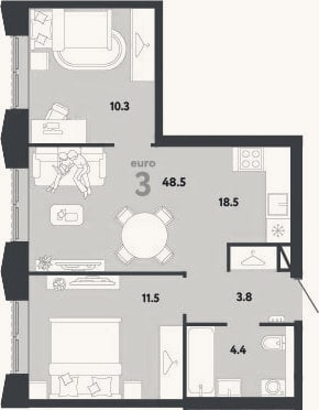 Планировка: 3-к, 48,5 м²