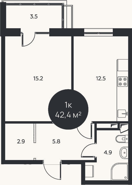 Планировка: 1-к, 41,3 м²