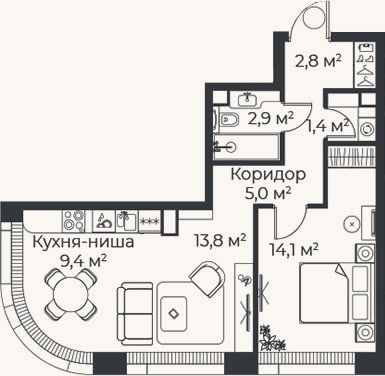 Планировка: 2-к, 49,4 м²