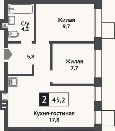 Планировка: 3-к, 45,2 м²