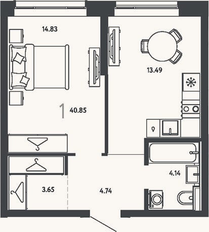 Планировка: 1-к, 40,9 м²