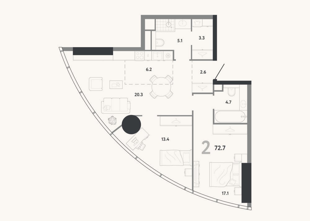Планировка: 3-к, 72,7 м²